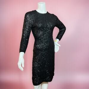 VINTAGE 50s Gene Shelly Black Sequin Cocktail Dress Size 2 Bodycon Wool
